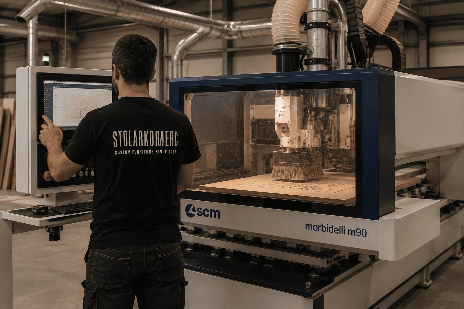 Stolarkomerc production team operating factory machinery