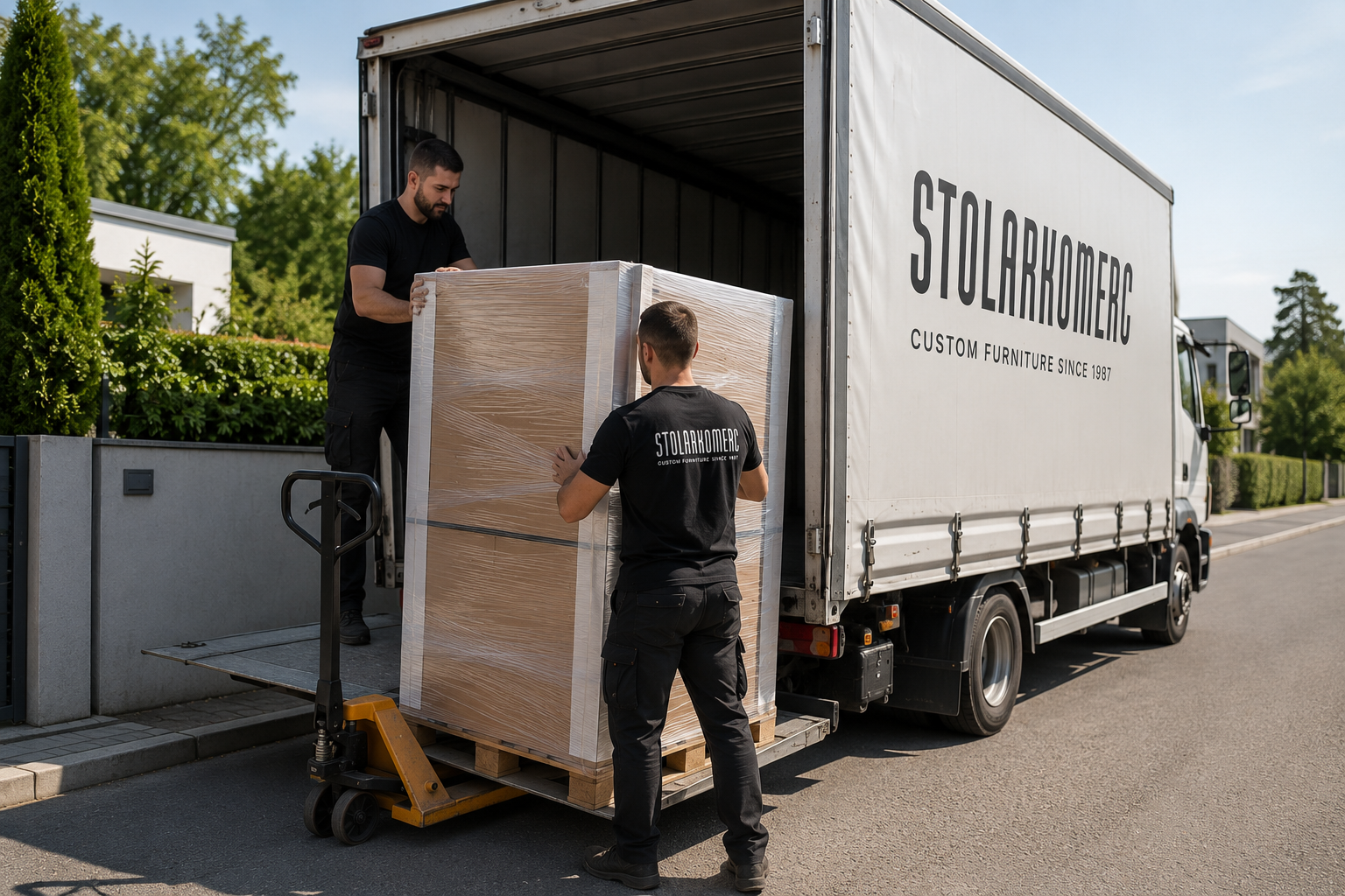 Loading packaged furniture onto a Stolarkomerc delivery truck