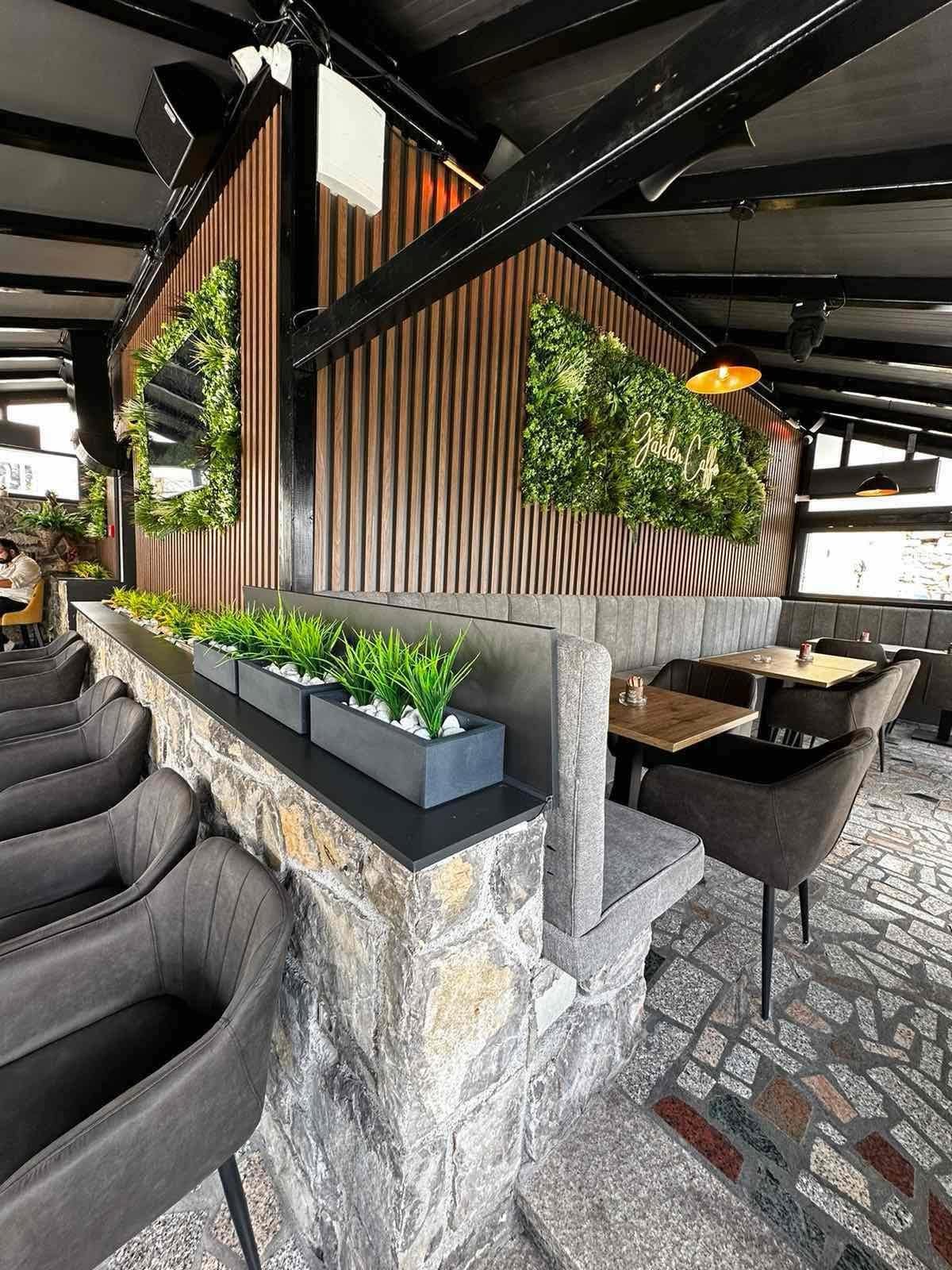 Garden Caffe — walnut slat wall and lounge seating