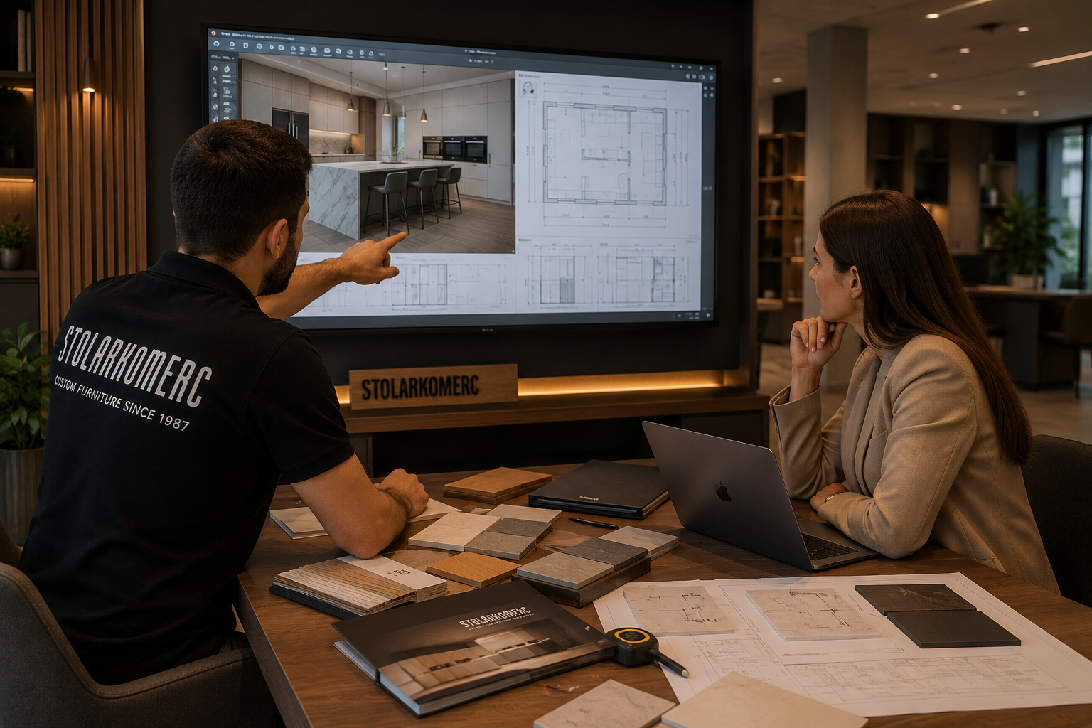Reviewing 3D kitchen design and floor plans with a client
